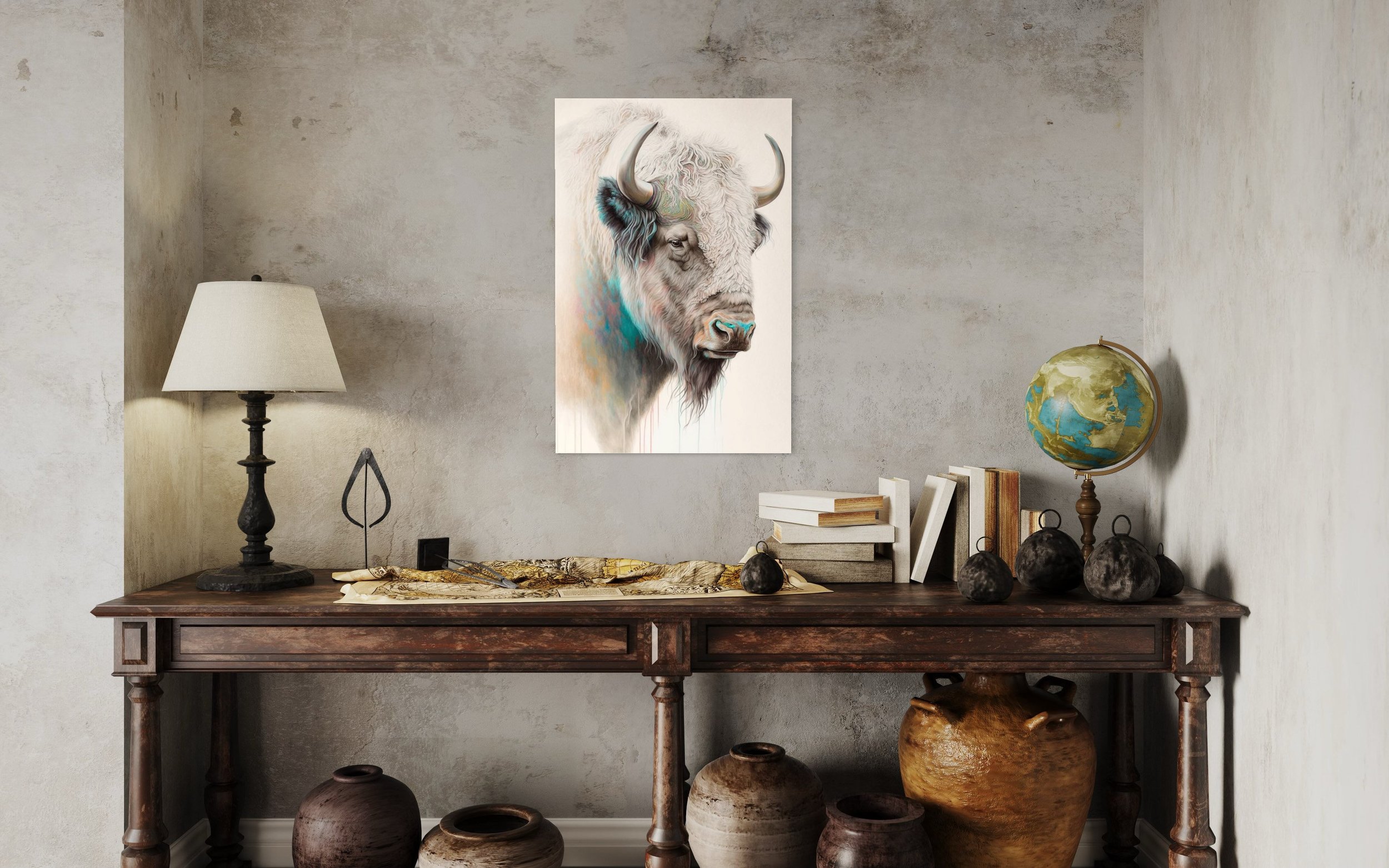 Great White Buffalo | Native American Art Animal Drawings Boho Wall Canvas Prints Metal Cabin and Vacation Home Decor