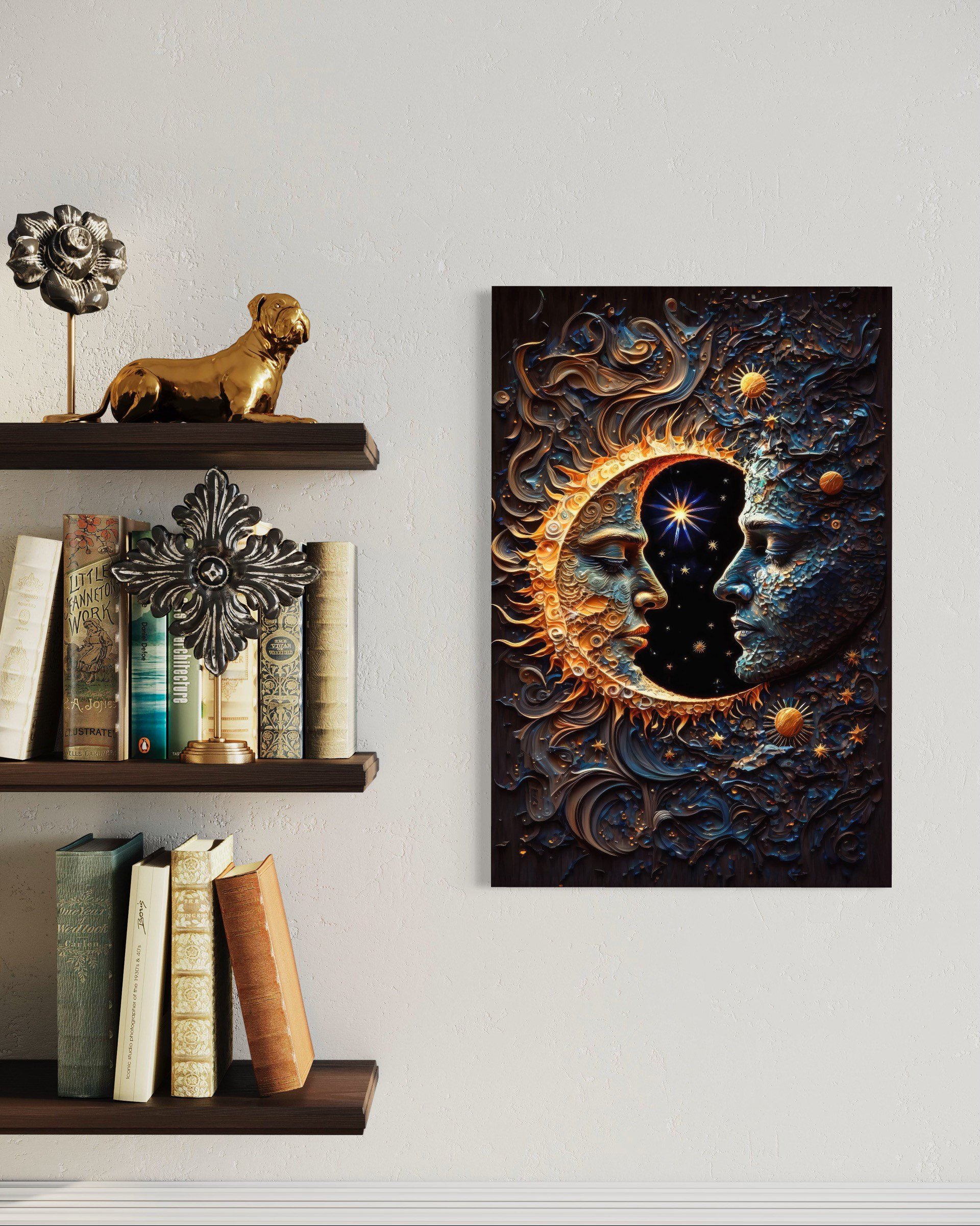 Celestial Harmony | Sun and Moon Solar Lunar Romantic Wall Art Canvas Prints Metal Galaxy Painting Home Decor