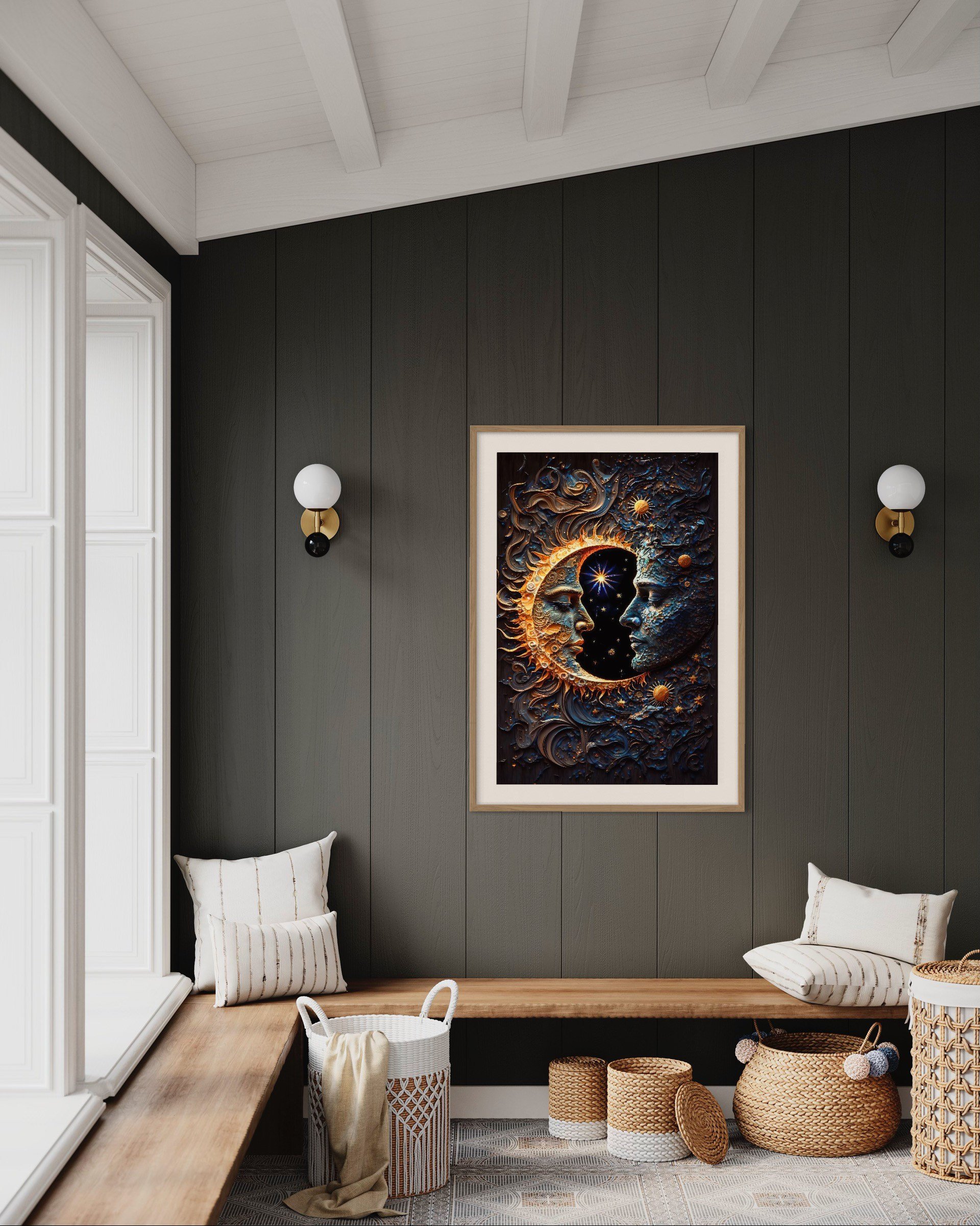 Celestial Harmony | Sun and Moon Solar Lunar Romantic Wall Art Canvas Prints Metal Galaxy Painting Home Decor