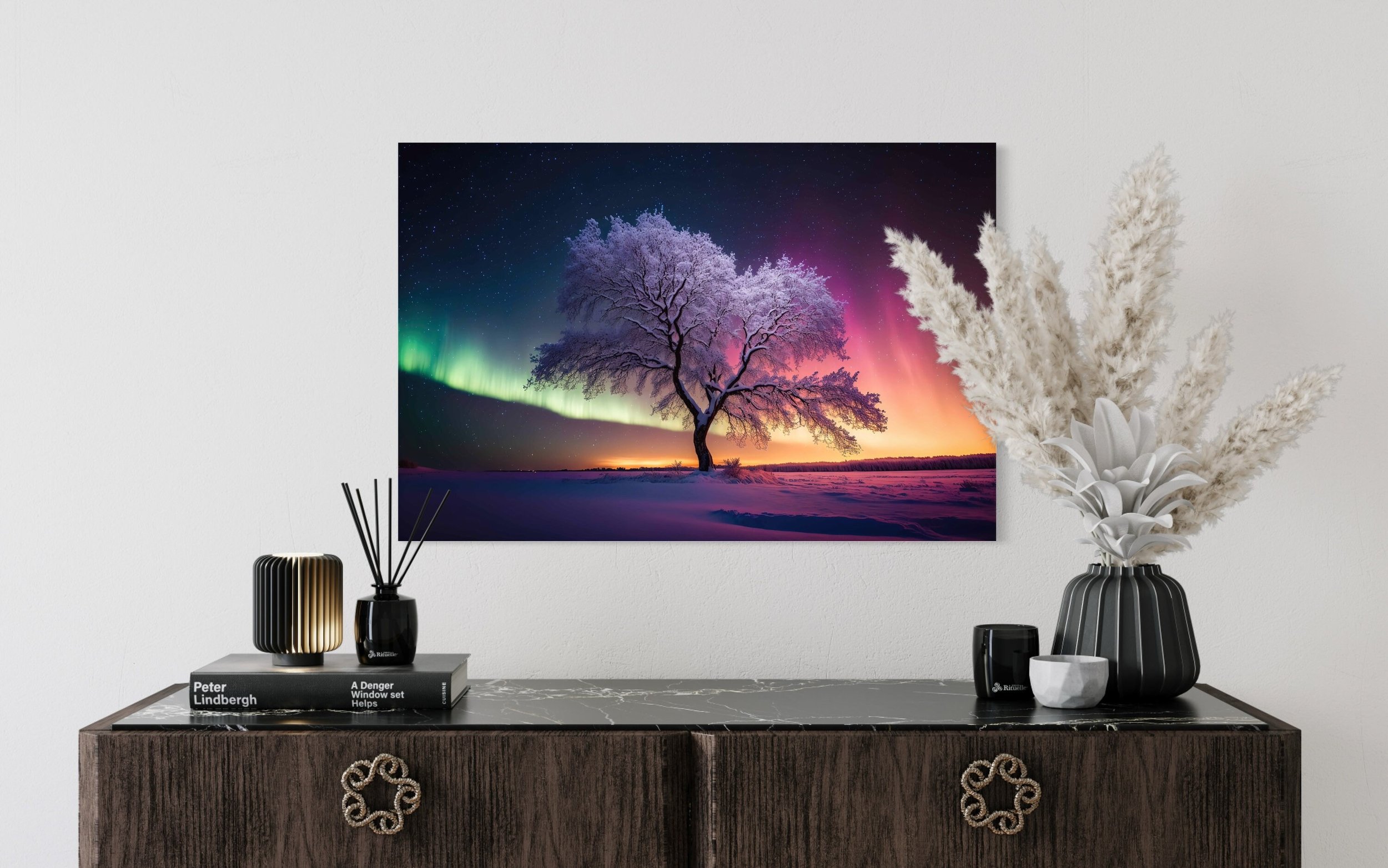 Northern Lights Tree | Aurora Borealis Digital Painting Winter Wonderland Nature Decor Modern Wall Art Canvas Metal Prints