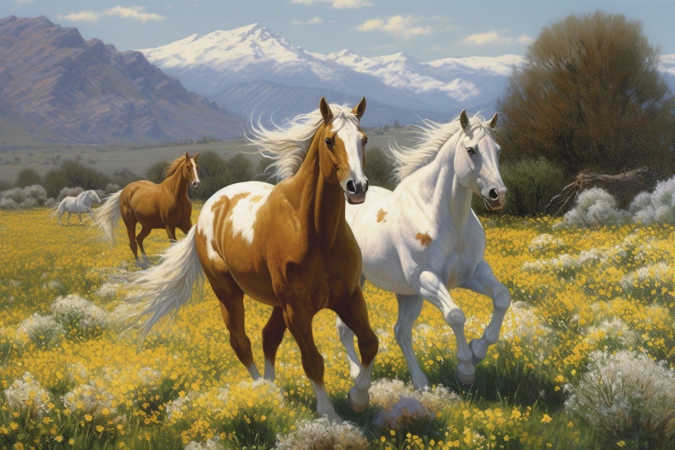 Free Spirits | Horse Painting Wildlife Nature Golden Flowers Romantic Traditional Canvas Metal Wall Art Home Decor