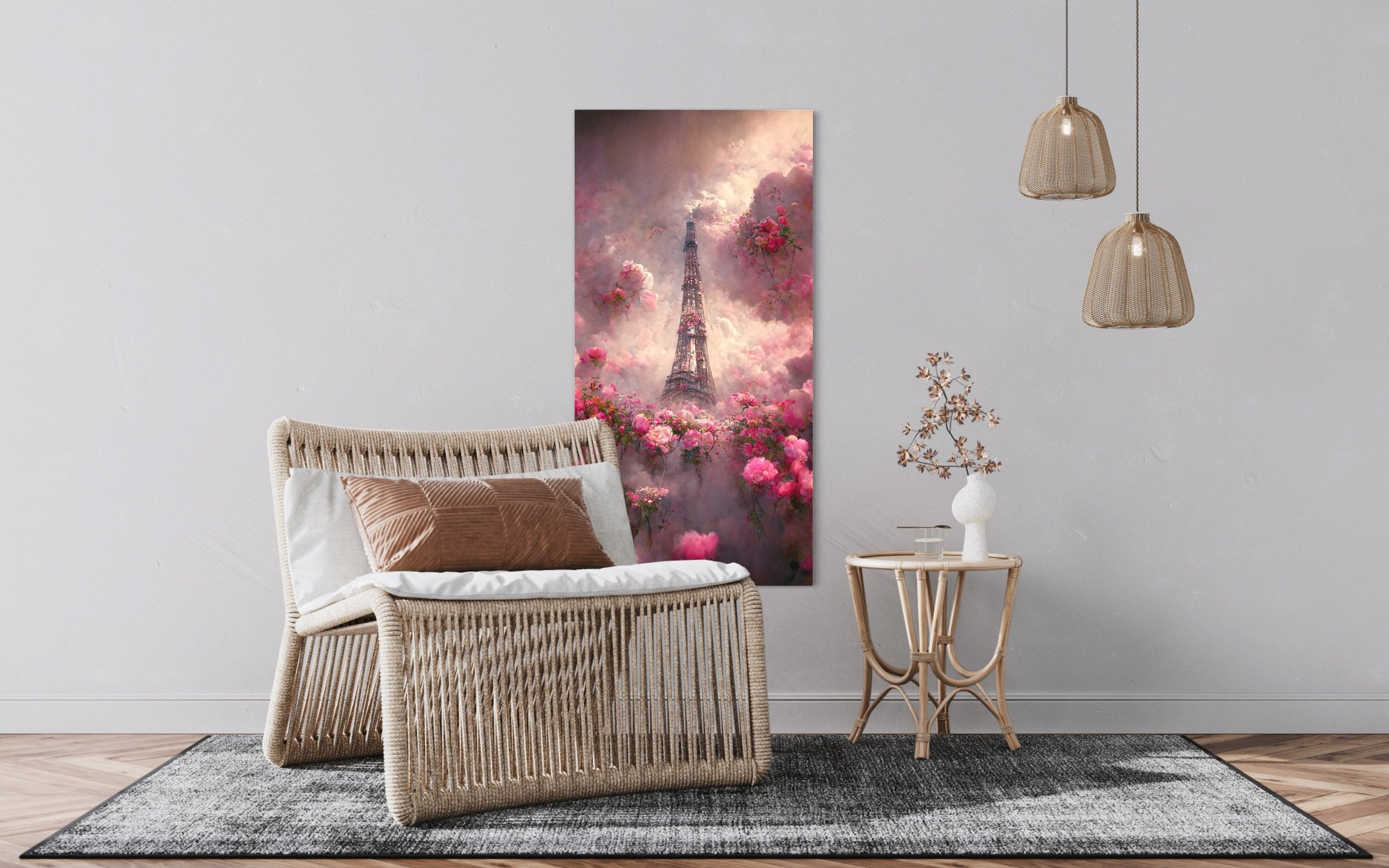 Eiffel Tower | Pink Flowers Paris Wall Art French Abstract Painting Canvas Prints Metal Photography Home Office Decor