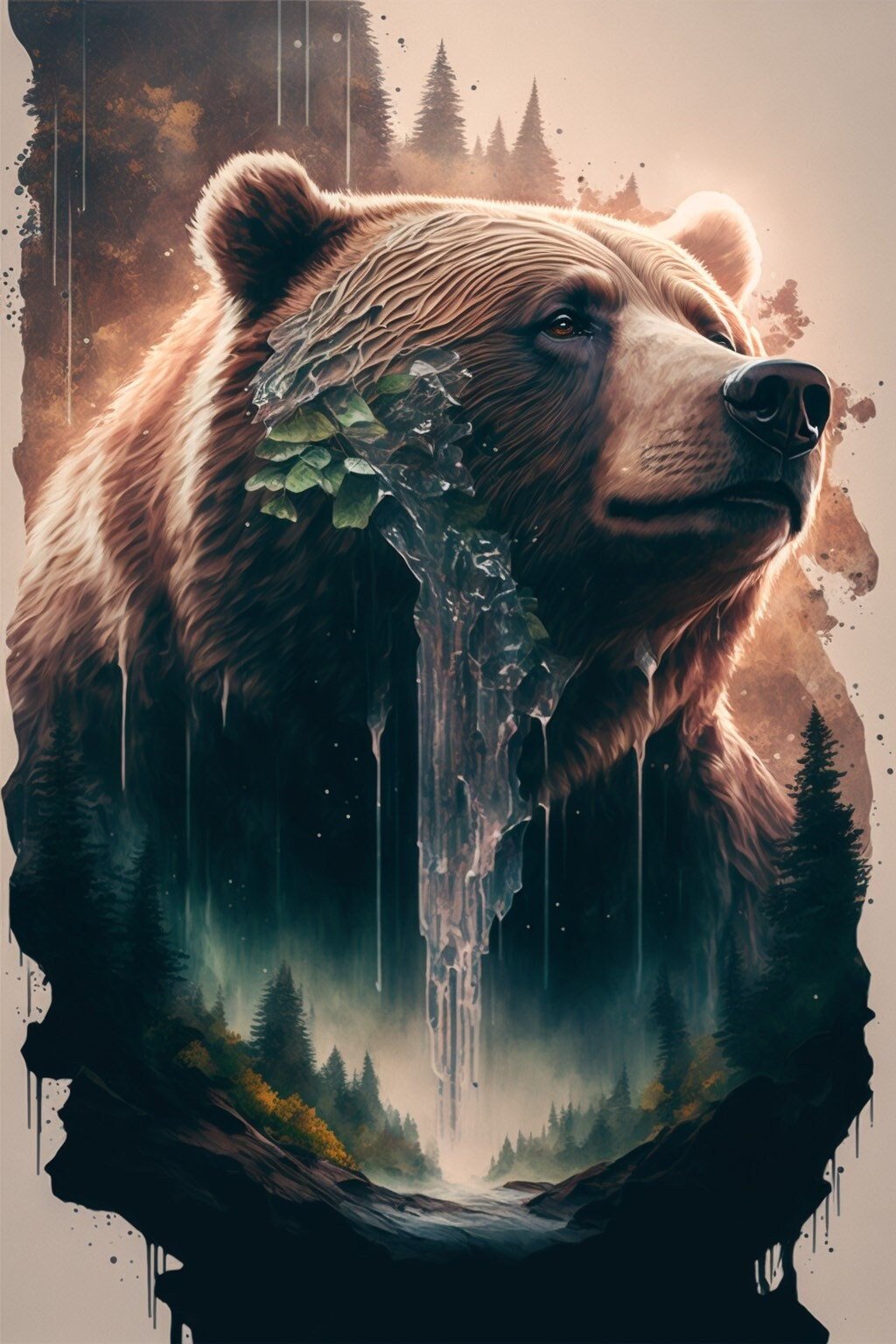 Grizzly Wisdom| Double Exposure | Bear Painting Nature Decor Modern Wall Art Canvas Prints Metal Mountains Work