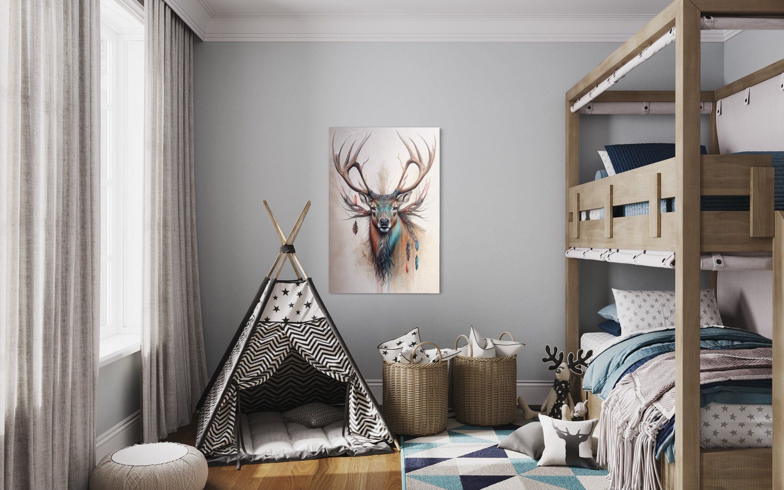 Deer Dream | Native American Art Animal Drawings Boho Wall Canvas Antlers Metal Prints Cabin and Vacation Home Decor