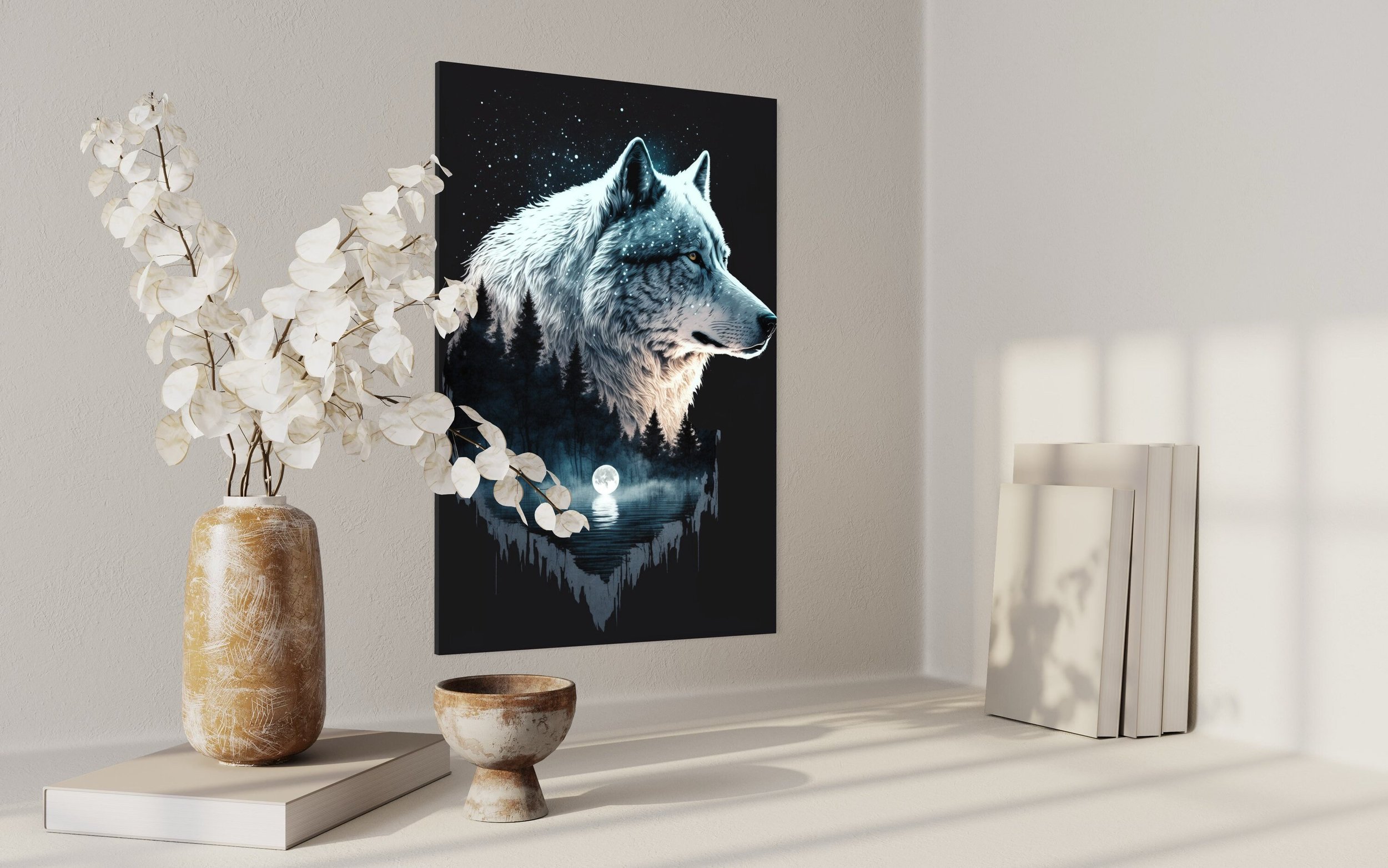 Wolf the Night | Double Exposure Aurora Borealis Nature Decor Modern Wall Art Canvas Prints Metal Mountains Work