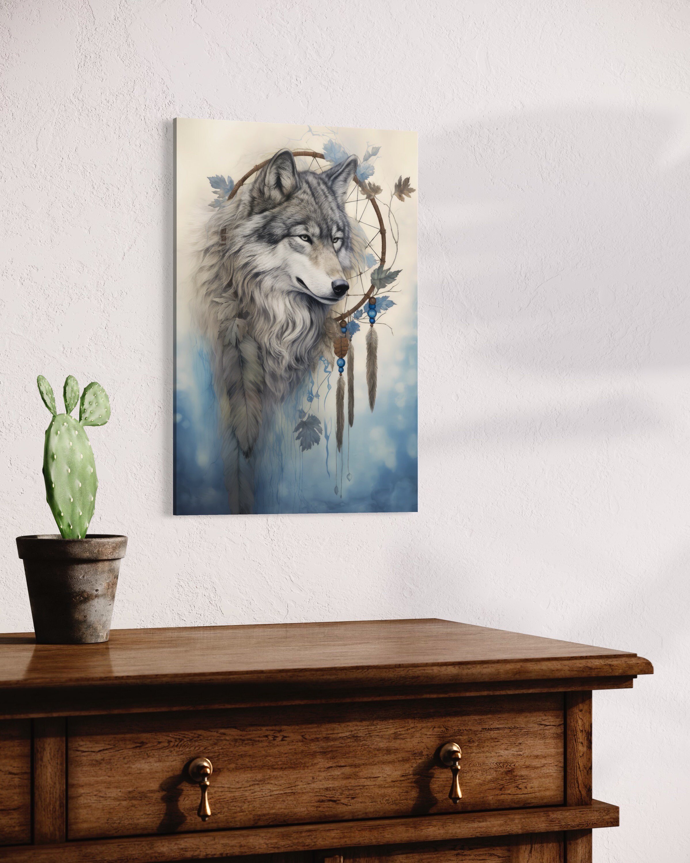 Native American Gray Wolf | Animal Art Dreamcatcher Picture Watercolor Boho Wall Canvas Metal Prints Decor