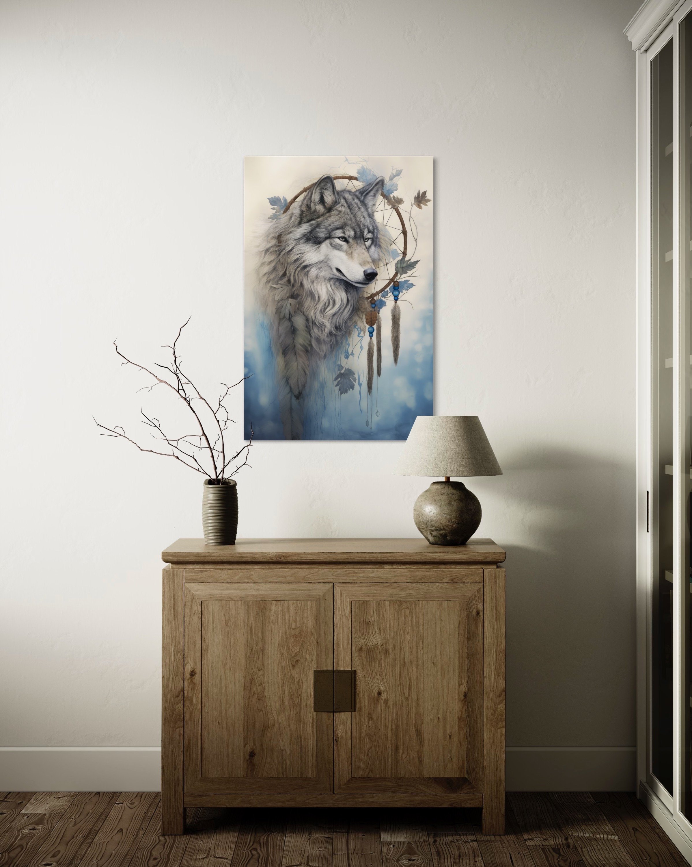 Native American Gray Wolf | Animal Art Dreamcatcher Picture Watercolor Boho Wall Canvas Metal Prints Decor