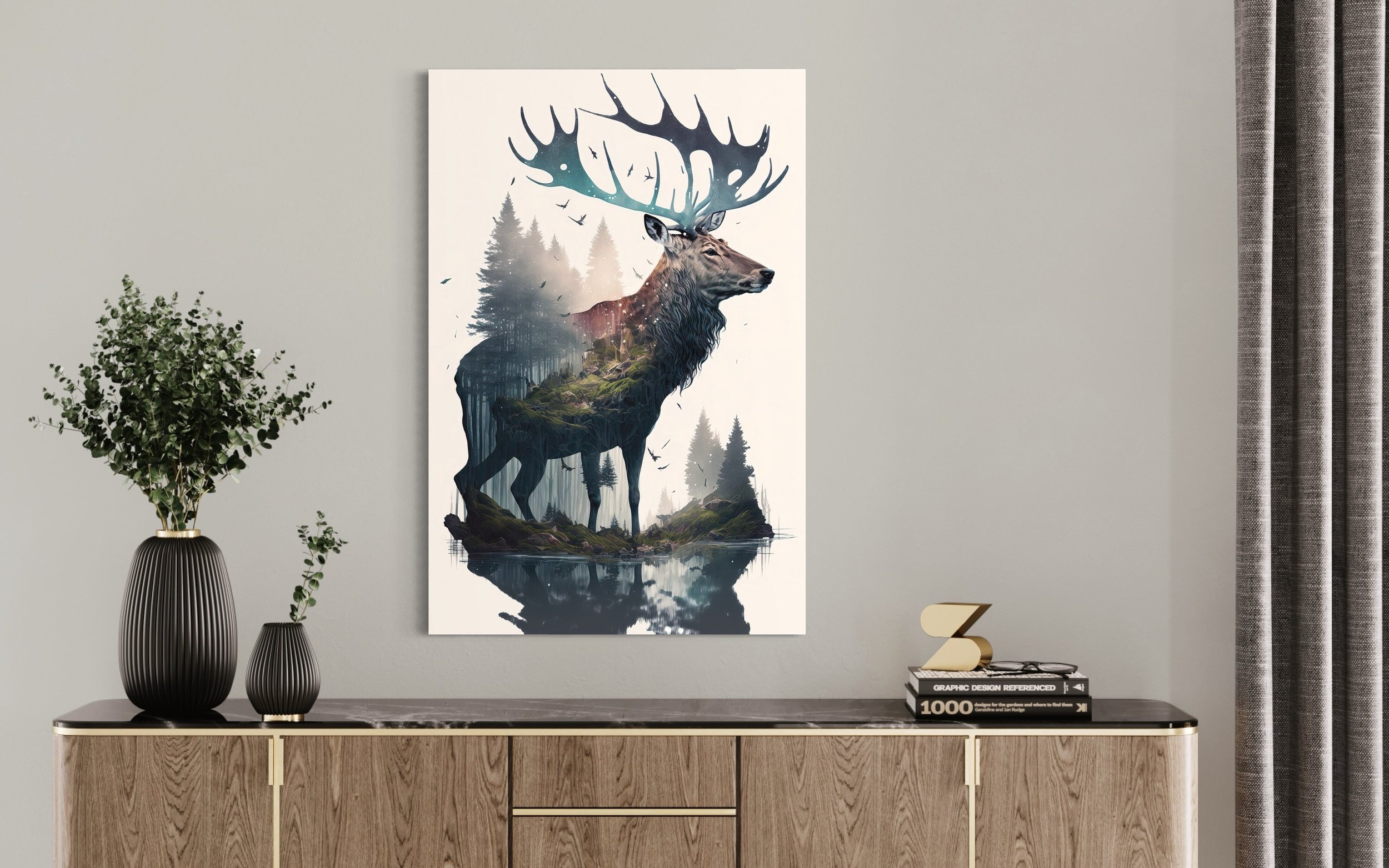 Deer Forest | Double Exposure Art Nature Decor Modern Wall Canvas Prints Metal Painting Cabin