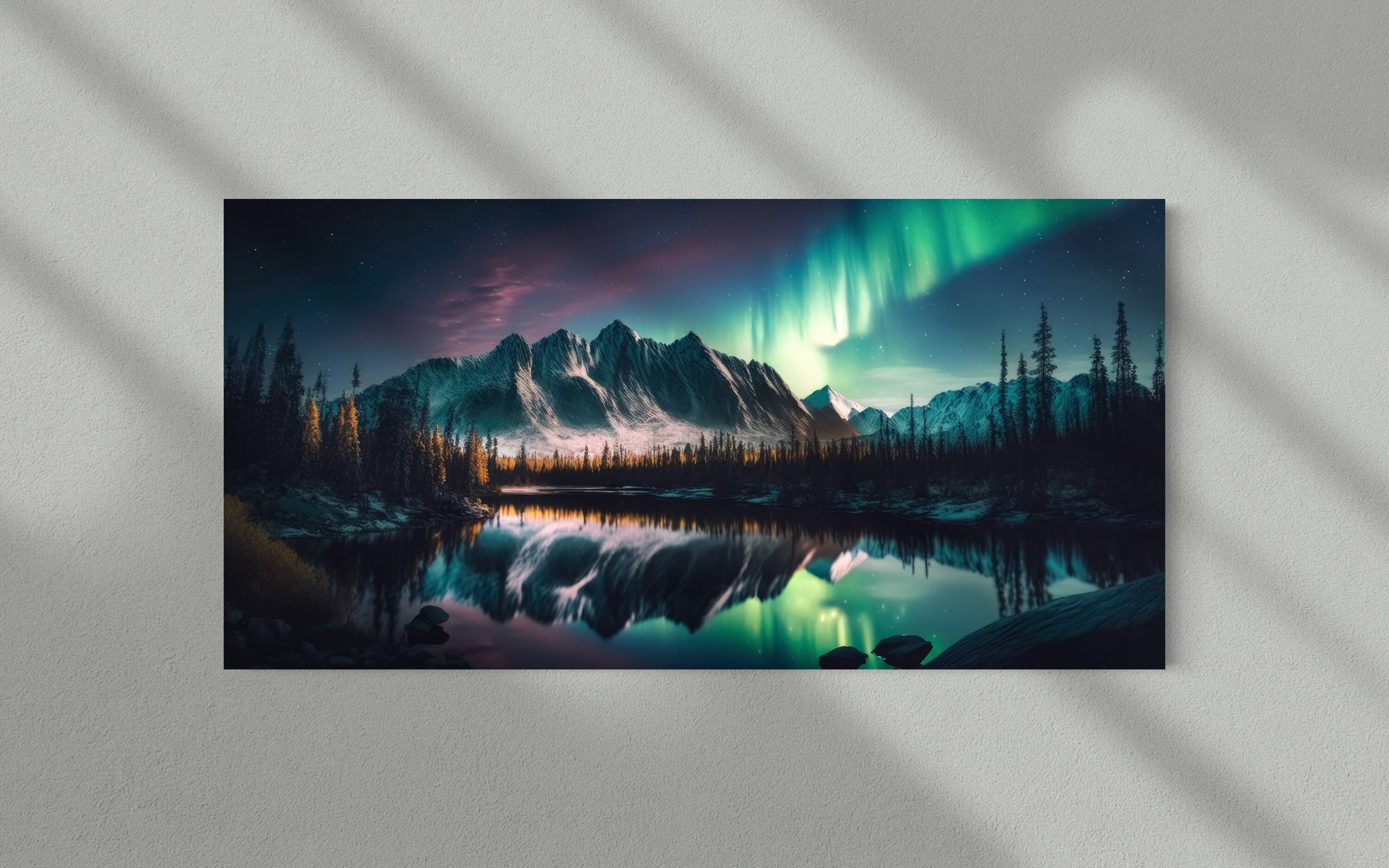 Northern Lights Forest | Aurora Borealis Digital Painting Nature Decor Modern Wall Art Mountain Work Canvas Metal Home