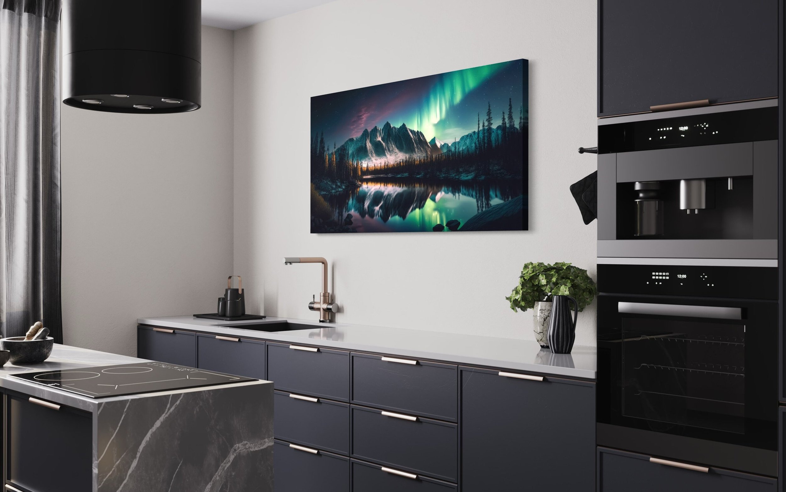 Northern Lights Forest | Aurora Borealis Digital Painting Nature Decor Modern Wall Art Mountain Work Canvas Metal Home