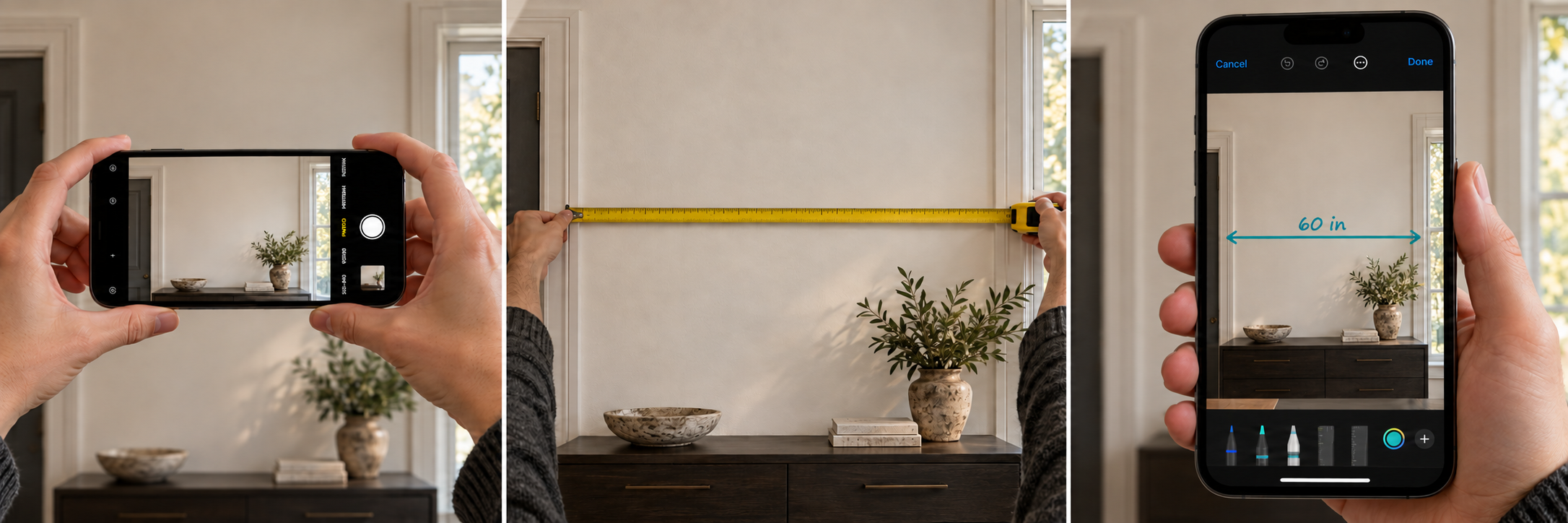 Instructional illustration: photograph the artwork area, measure between visible reference points with a physical tape, and label those same endpoints on the photo using Markup.