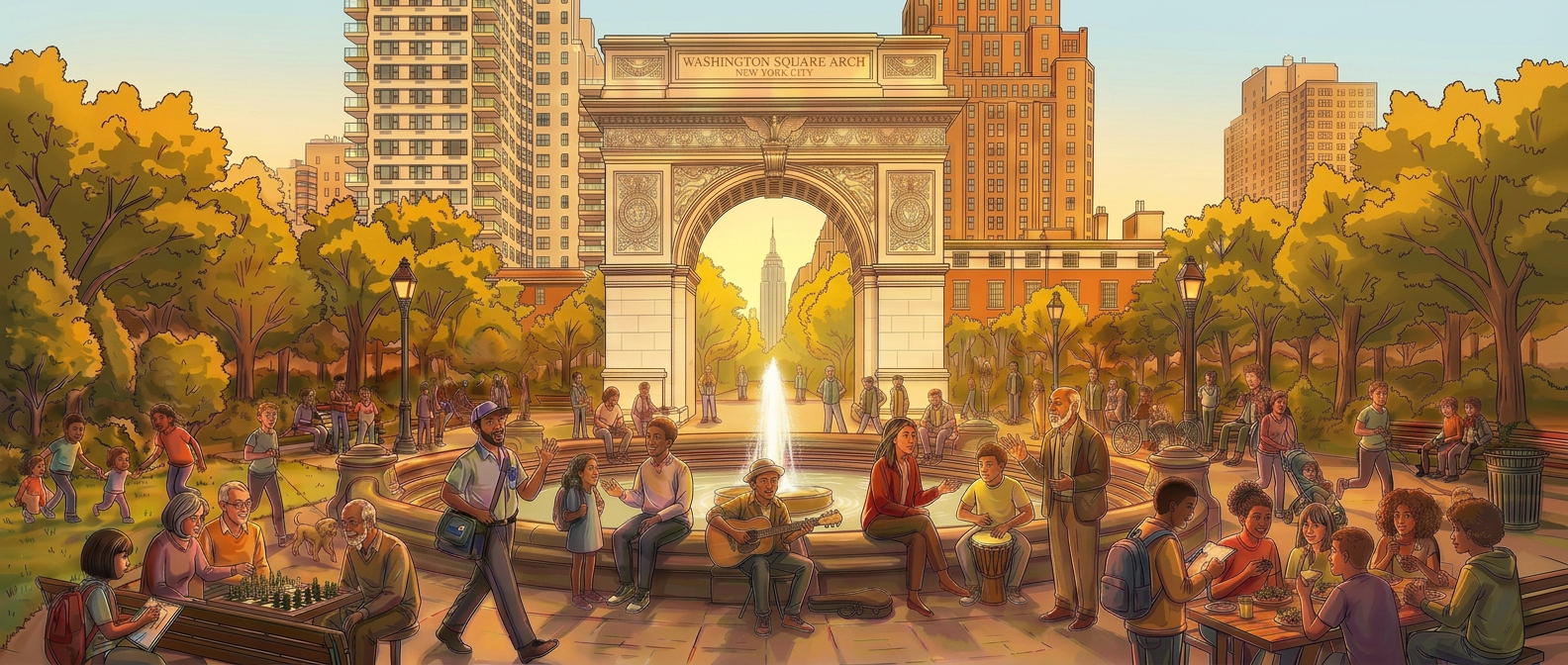 Illustration of Washington Square Park with the Washington Square Arch, fountain, trees, and people gathered in the foreground.