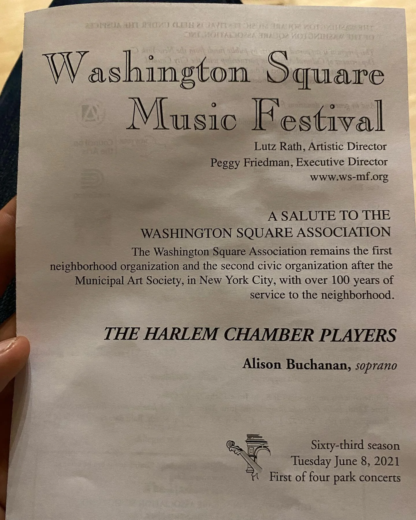 Yay!  The Washington Square Music Festival has become.  Concerts every Tuesday at 8pm in the park through the end of June.  Rain venue: Judson Church.  Join us for wonderful music in our park, now in its 63rd year.