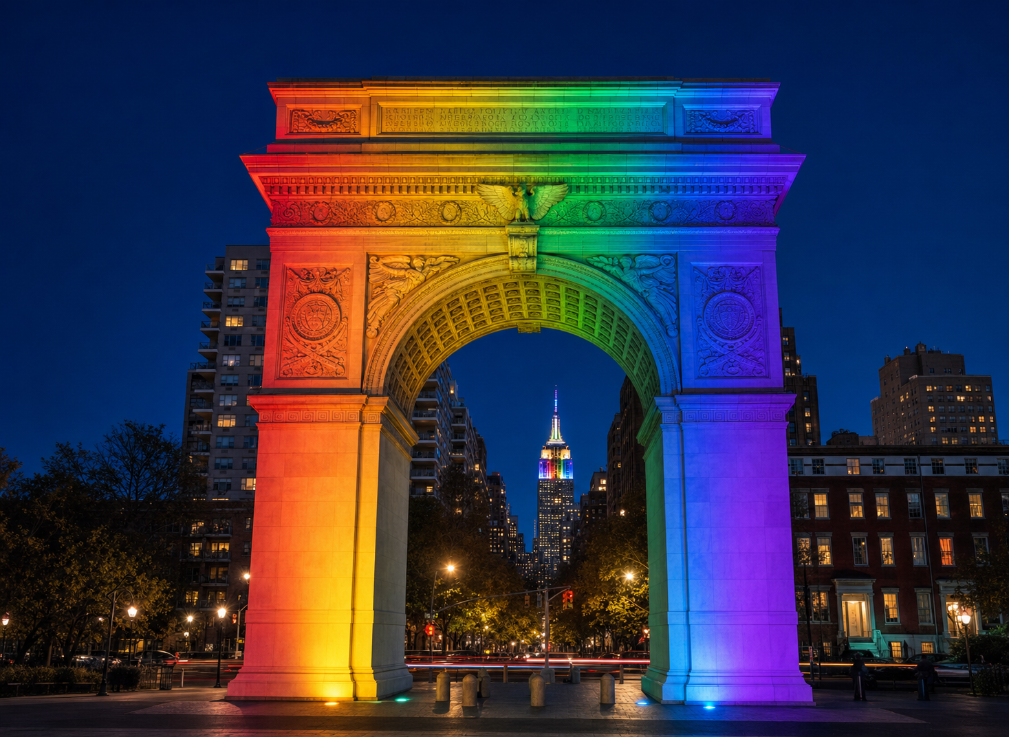 An AI-generated photo of the Washington Square Arch lit up in rainbow colors to celebrate Pride, created by Erika Sumner.