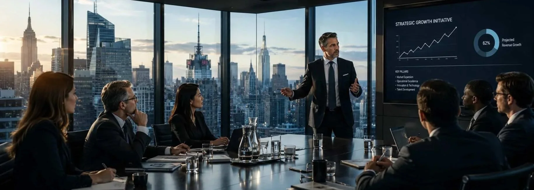 Corporate executives participating in a strategic leadership meeting in New York City, representing executive coaching, leadership development and high-performance coaching by The NYC Life Coach.