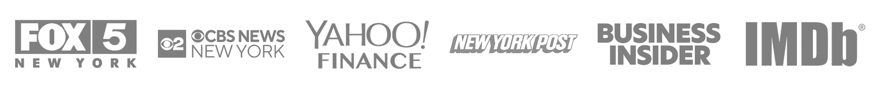 Logos of FOX 5 New York, CBS News New York, Yahoo Finance, New York Post, Business Insider, IMDb, in a horizontal row.