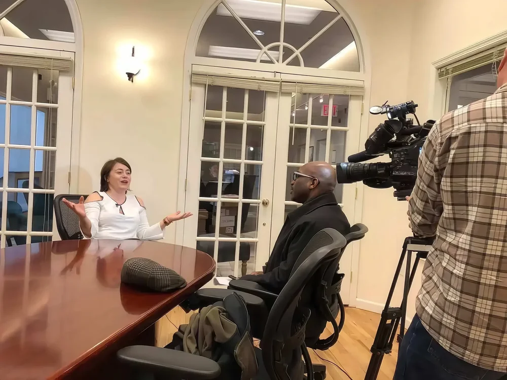 Life and leadership coach Irina Popa-Erwin during a FOX 5 New York television interview
