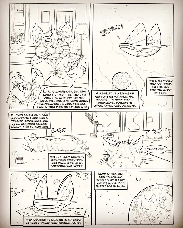 First page of Space Pirate Neko... morecoming tomorrow! #scp #Space #cat #pirates #neko #page1 #comics #inked #illustration #spacepirateneko #bloodypiploe #drawing #ink