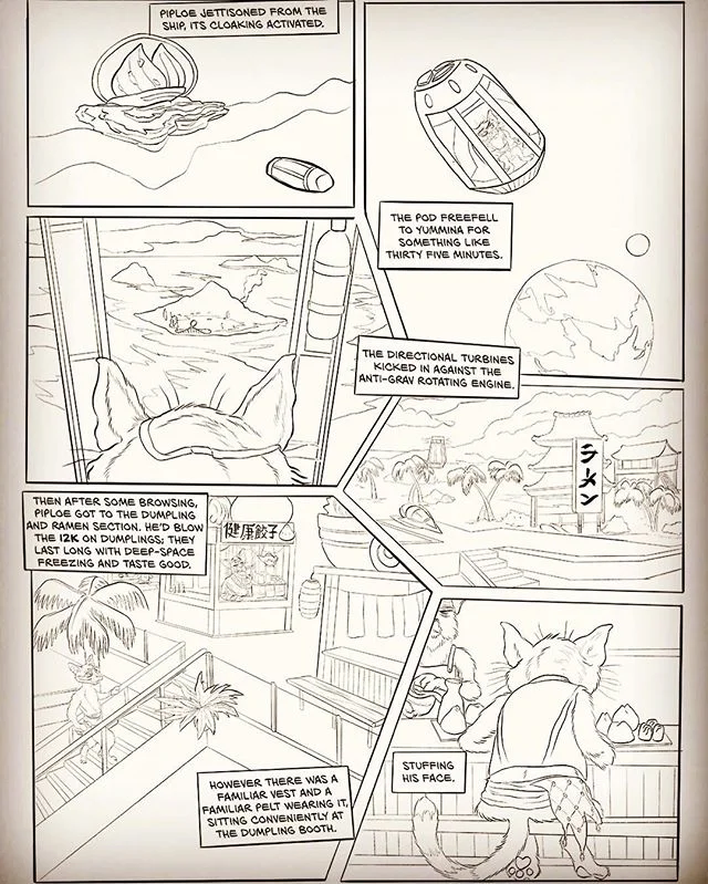 Third page of Space Pirate Neko. Bloody Piploe heads to Yummina... #scp #spn #space #pirate #neko #comics #inked #illustration #spacepirateneko #drawing #ink