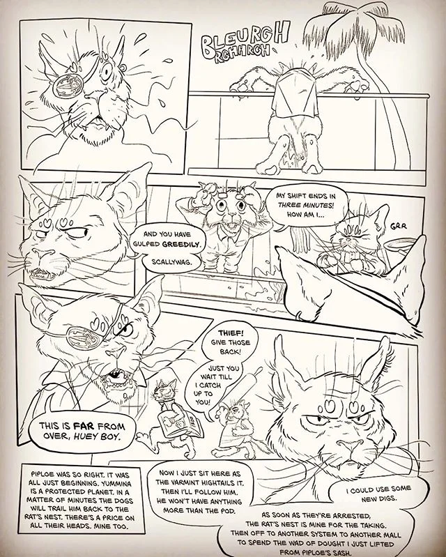 Sixth page of Space Pirate Neko. I'm thinking I should start saving pages so that people might have a reason to want an actual paper issue, but maybe just a couple more... #scp #spn #space #pirate #neko #comics #inked #illustration #spacepirateneko #