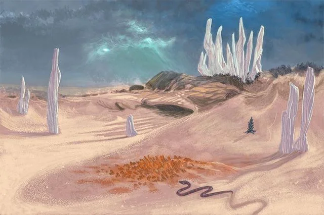 A Frank Herbert's Dune inspired thing from 2015 I never showed anyone, found while rummaging for stock. #digitalart #painting #sketch #environment #beach #crystals #crystal #snake #plant #spice #thespicemustflow #dune #fremen