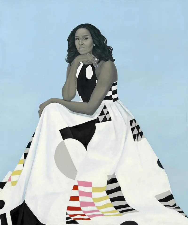 Amy Sherald, Michelle LaVaughn Robinson Obama , 2018. Oil on linen, 72 1/8 × 60 1/8 × 2 3/4. National Portrait Gallery, Smithsonian Institution.