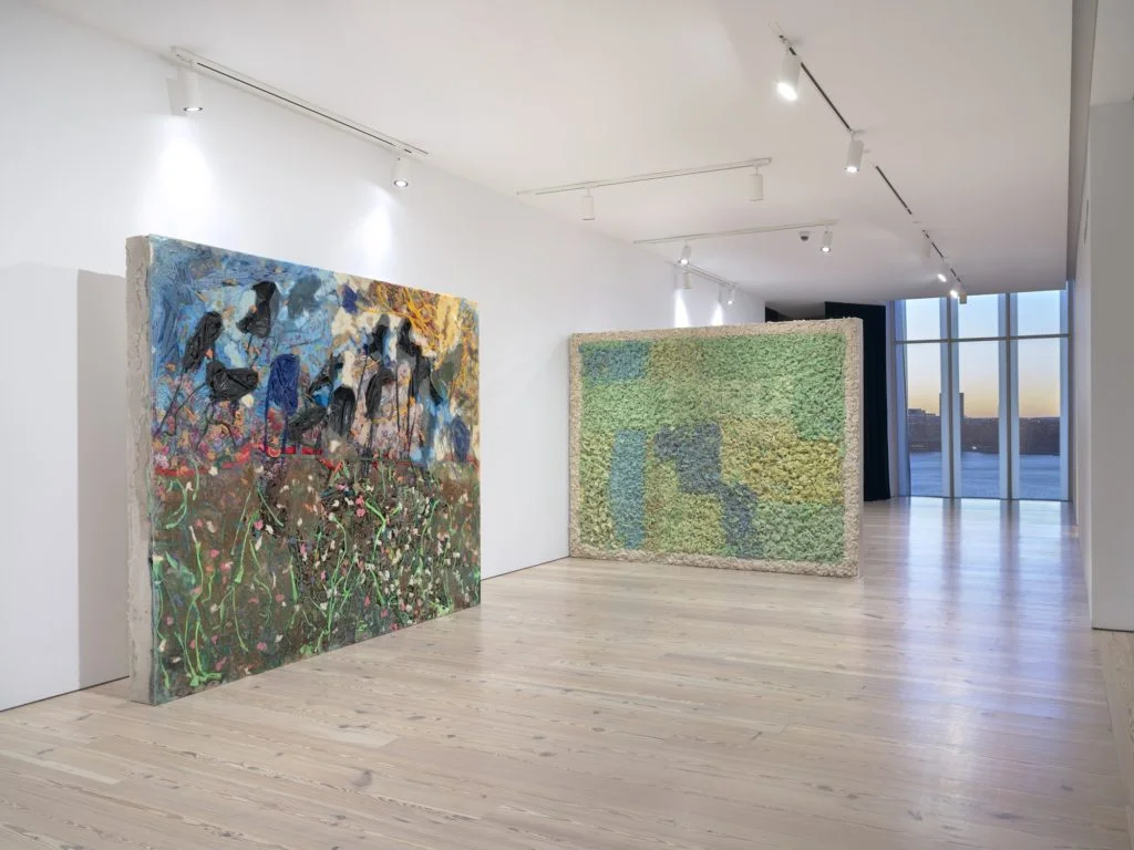 On the left, Kevin Beasley’s The Reunion (2018); on the right, Campus (2018). Courtesy Casey Kaplan, New York. Photo: Ron Amstutz.