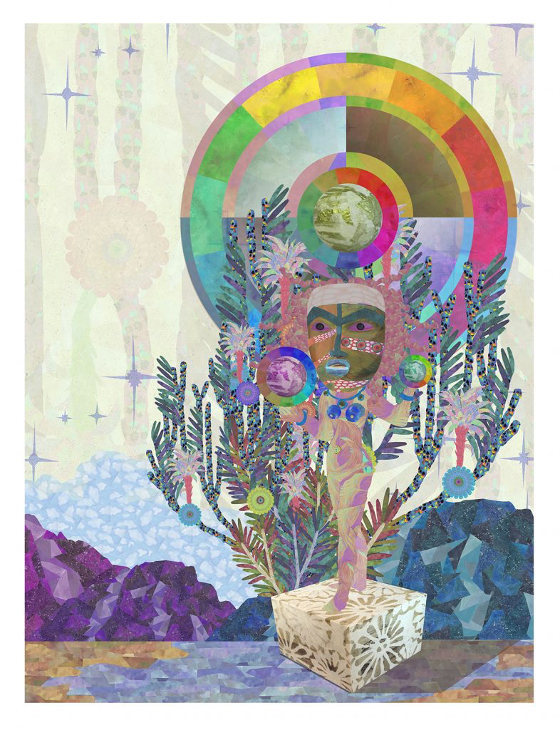 Saya Woolfalk, Encyclopedia of Cloud Divination, 2018. Archival inkjet, screenprint, silver leaf, and collage, 40″ x 30″