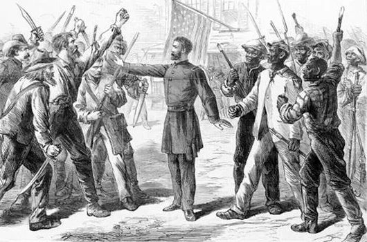 A Bureau agent stands between Southern whites and Freedmen