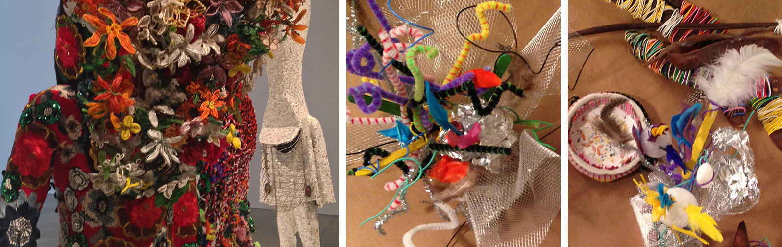 Nick Cave sound suits at the ICA Boston; creations made at the reunion from similar materials.