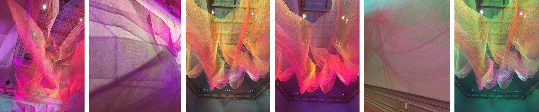 Janet Echelman’s Suspended Woven sculpture, ”1.8” is in a gallery 100 feet long. It was inspired by the Tsunami in Japan in 2011. changing lights, and the shadows cast on the gallery walls, make it completely mesmerizing.