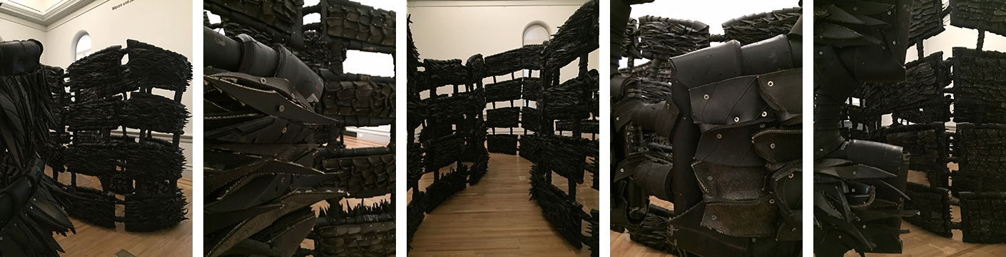 "Anonymous donor" by Chakaia Booker is made with reworked RUBBER TIRES. She created fantastic textures and forms.