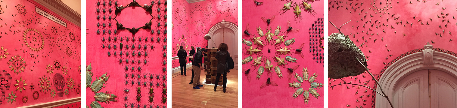”In the midnight garden”, by Jennifer Angus, transports us into a magical and completely surprising space. Not only are the patterns on the walls made with actual insects (that are abundant in nature), the stunning pink wall color was derived from crushed insects.