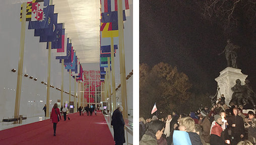 The interior of the Kennedy Center; at Lafayette Park the night after the Paris attacks.