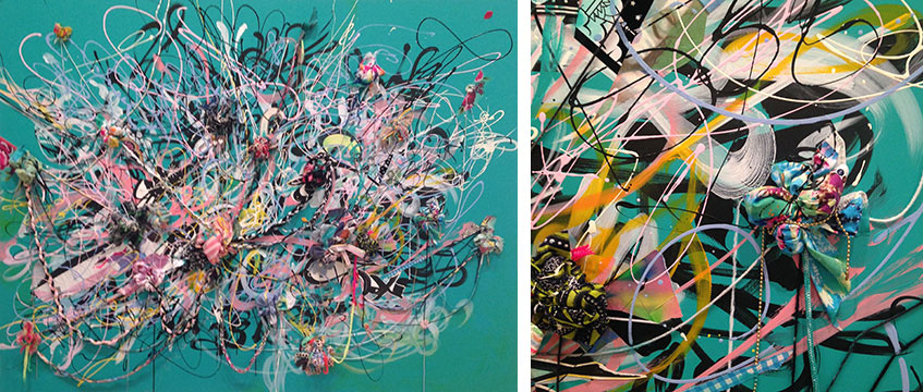 SHANIQUE SMITH HAS A REMARKABLE BODY OF WORK ON EXHIBIT AT THE MUSEUM OF FINE ARTS IN BOSTON, TITLED "BRIGHT MATTER". THIS MIXED MEDIA WORK, "SPLENDID", WAS DONE WITH INK, ACRYLIC, FABRIC AND PAPER COLLAGE, RIBBON, YARN AND FOUND OBJECTS, MOUNTED ON A WOOD PANEL. THE IMAPCT IS FANTASTIC WHEN YOU FIRST APPROACH THE WORK, BUT BECOMES EVER MORE FASCINATING WHEN YOU LOOK CLOSELY AT THE DETAILS AND DIMENSIONAL LAYERED ELEMENTS.