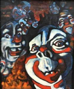 The clown painting that set Kelly in the direction of her current method of working.