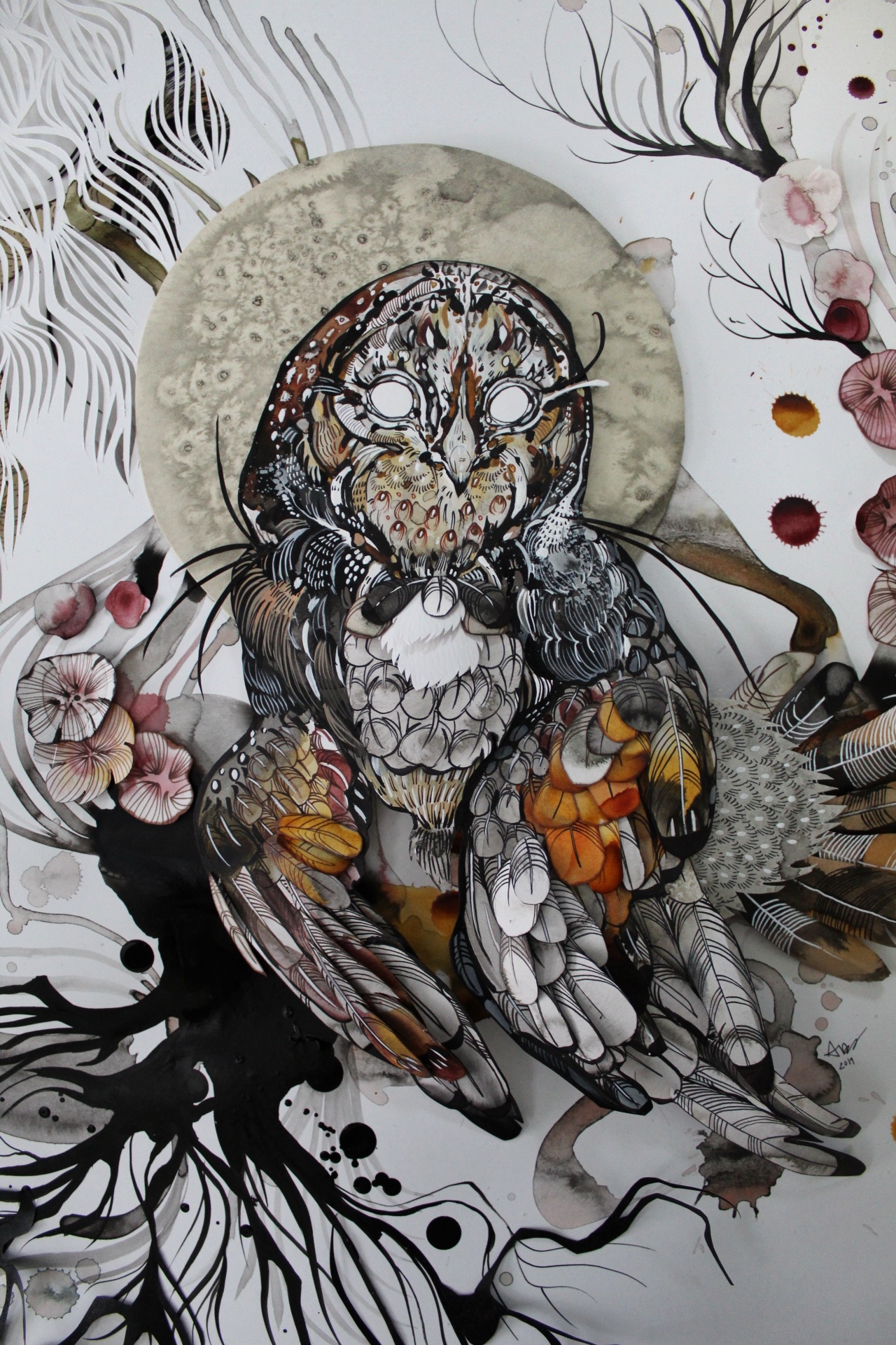 La Lune et La Chouette , pen and ink on paper 19 x 24 in (48 x 61 cm)