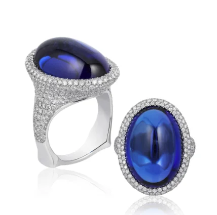 2018 Spectrum - 2nd Place Bridal Wear Ricardo Basta Fine Jewelry & E. Eichberg Jewelers Platinum "Take the Plunge" ring featuring a 21.86 ct. oval Tanzanite cabochon accented with Diamonds (2.13 ctw.).