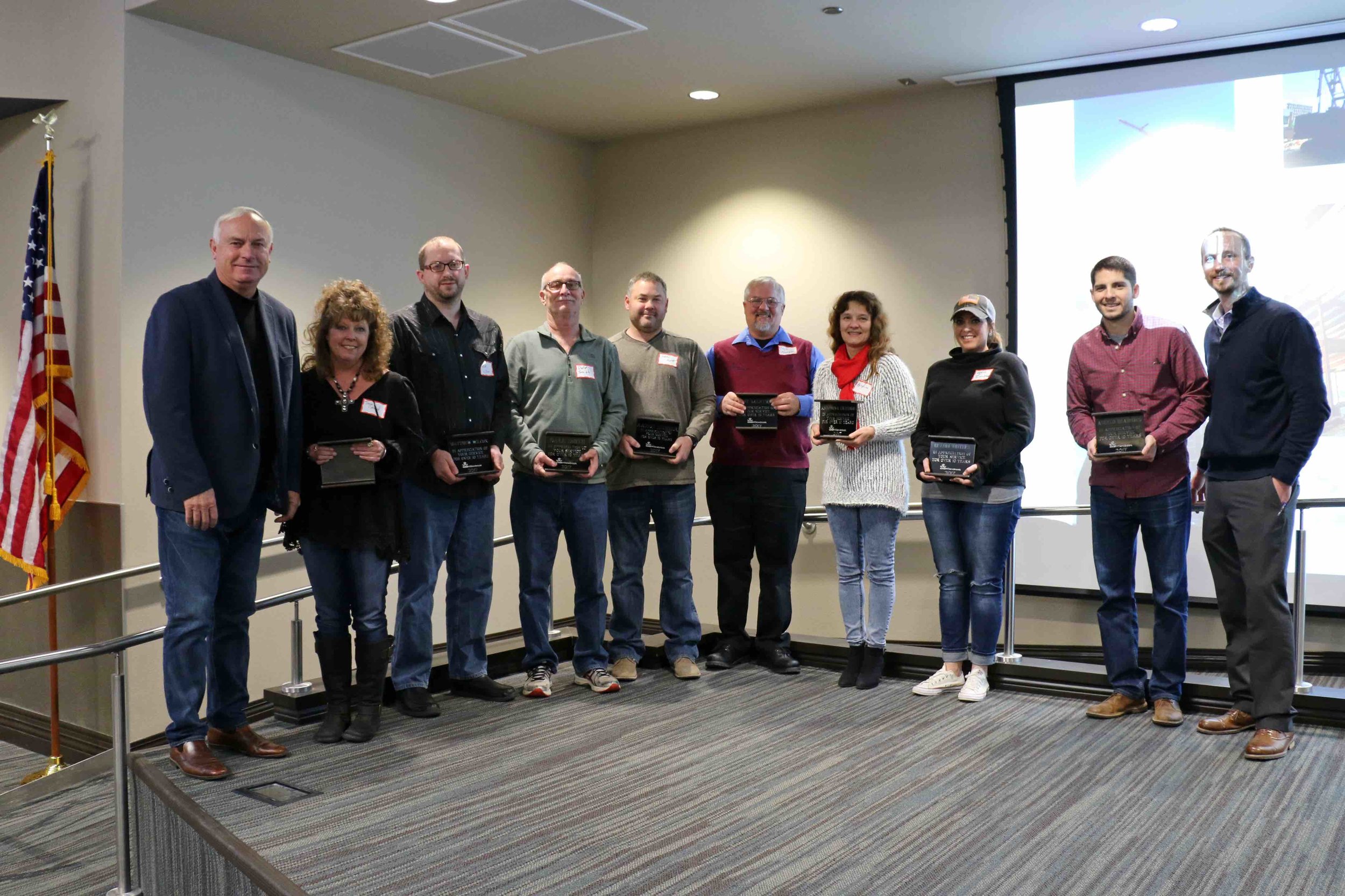 Over 10 Years of Service: Traca Conrad, Matthew Wilcox, Dale Smith, Aaron Hunter, Kent Dalrymple, Antonina Criddle, Brandi Whitehead, Angelo Bradford. Not pictured: Jaylee Klempa