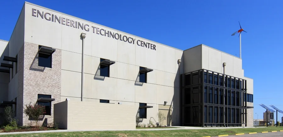 The OSU-OKC Engineering Technology Center features solor panels and a wind turbine.