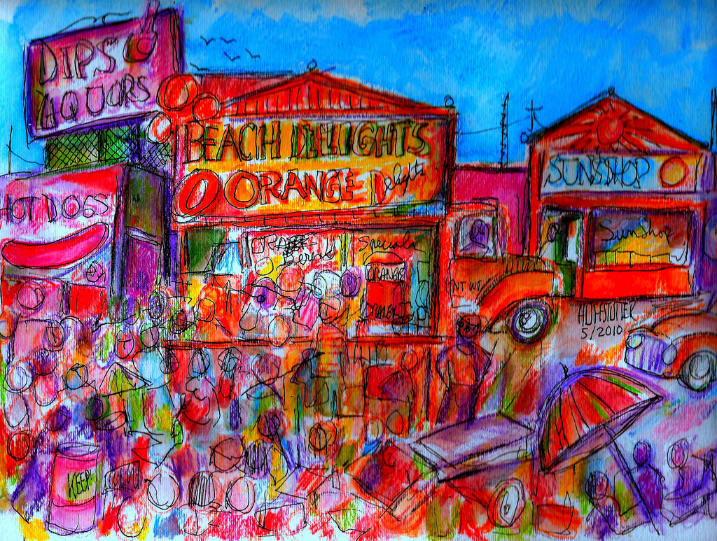 Carnival at Venice Beach 1960 — pen, ink, and watercolor by Robert L. Huffstutter . After two hours of almost zero sensory input, this is a nice representation of what it felt like to walk outside in Venice.