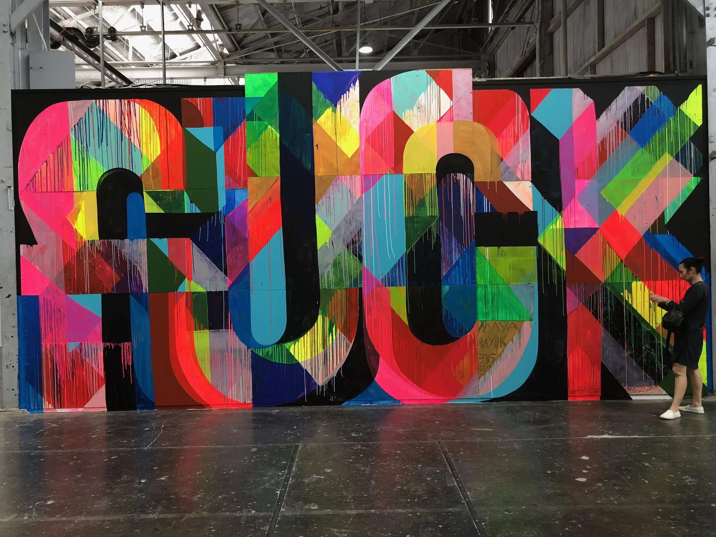 FOUR LETTER WORD (2015, 2018) by Maya Hayuk. It’s a repurposed segment of a much larger mural rearranged just for the Beyond The Streets show.
