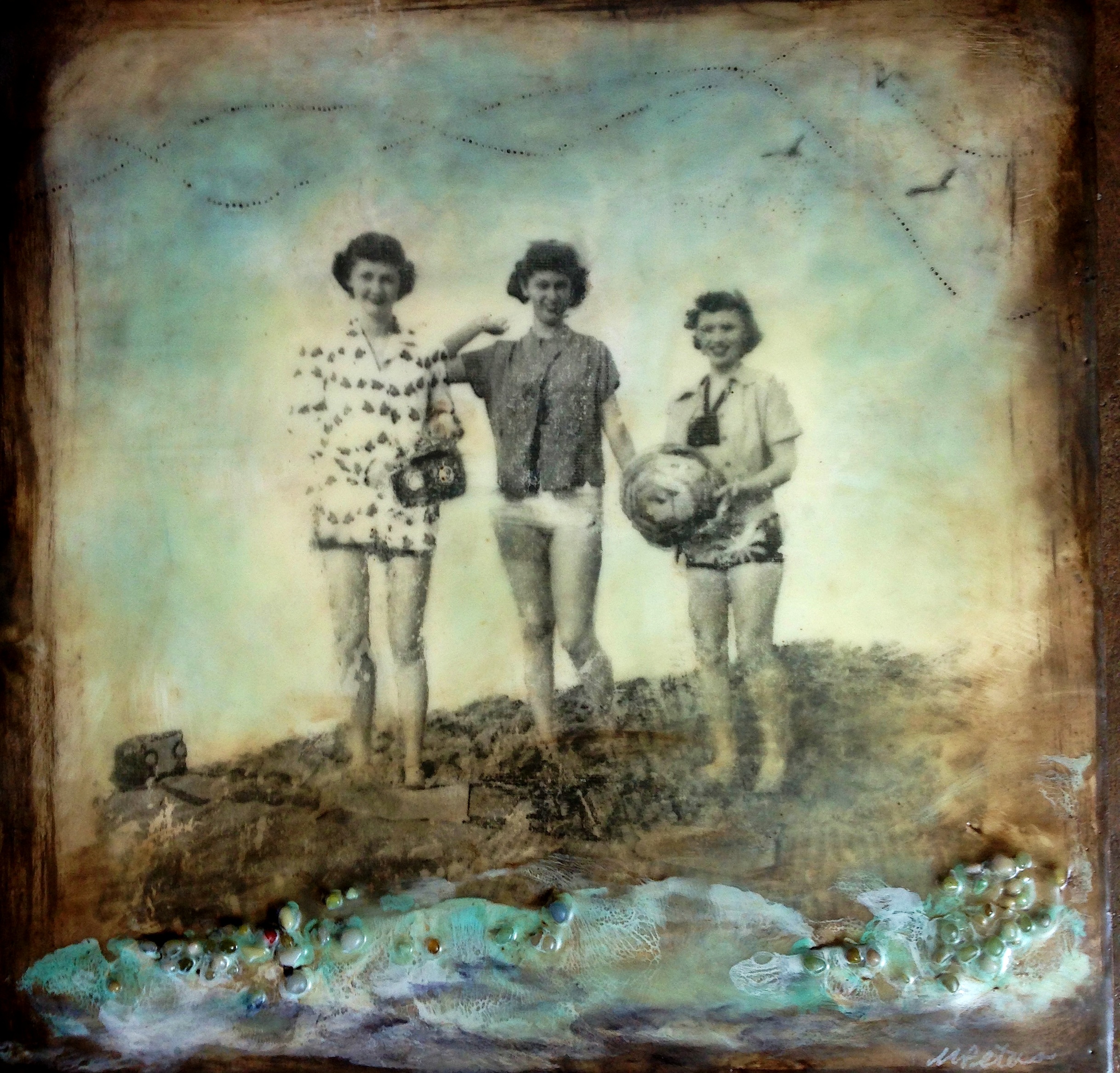 'Well Hello Ladies!' Encaustic, oil, vintage photo transfer (my Mom in the center), and objects on panel, 12x12" sold