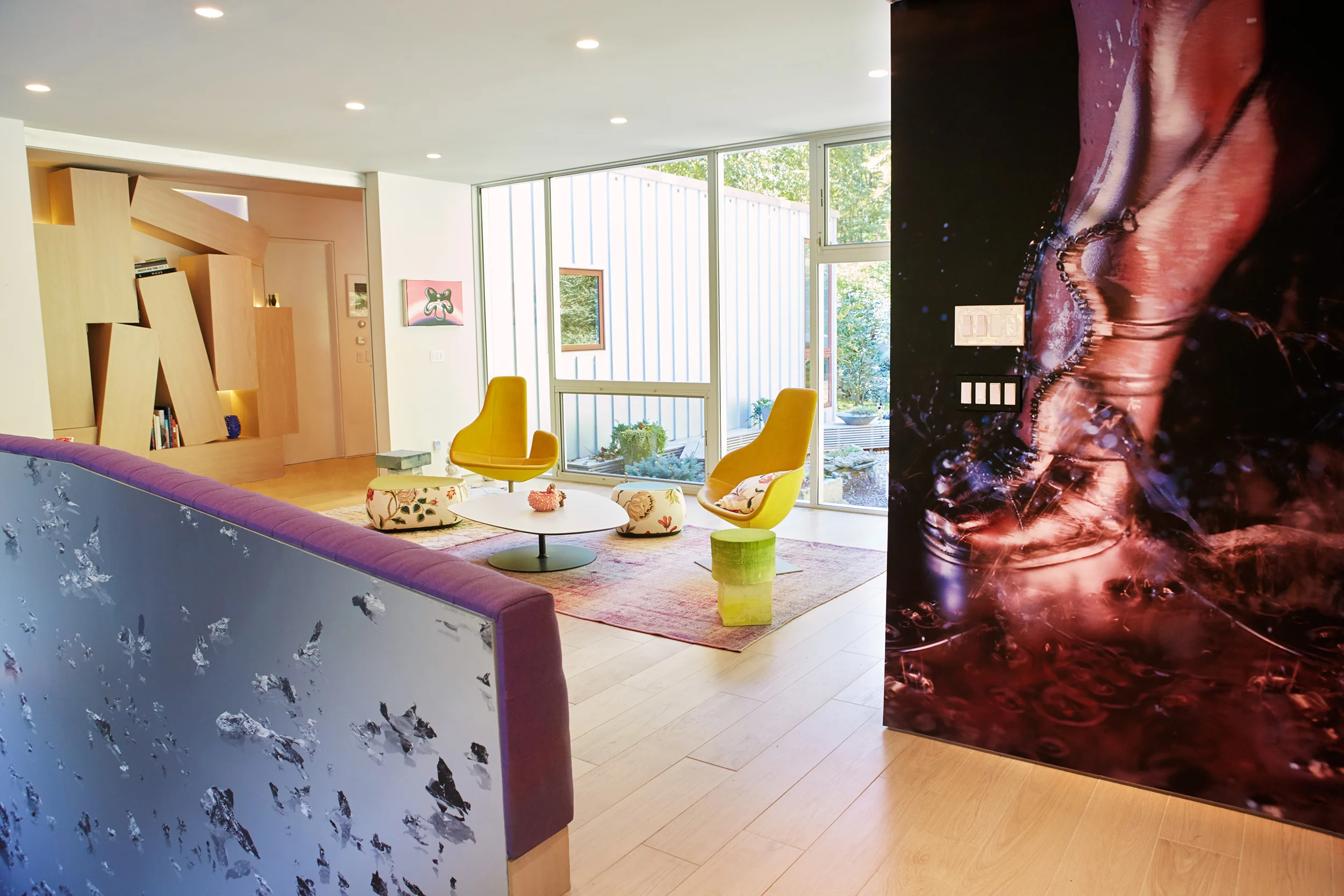 Left: Wallpaper by Bing Wright for Maharam Digital Projects. Right: Minter’s Quicksilver wallpaper.