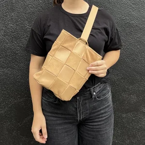 PRIMECUT: TAN CHECKERED LEATHER SLING BAG