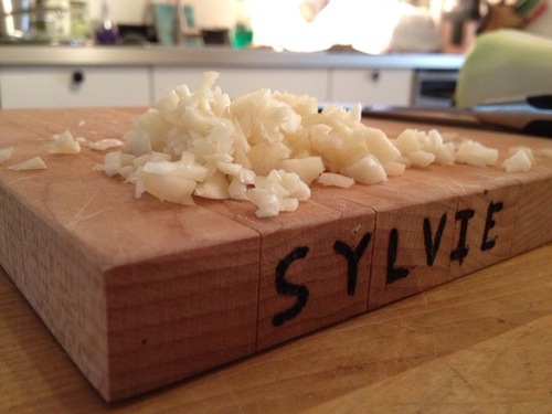  Like I said, go crazy on the chopped garlic. And yes, I have a fancy cutting board with my name branded into it. (Thanks, Michael Brown.) 