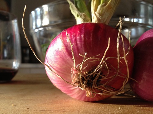  Red onion. A staple salad ingredient.  Staple . 