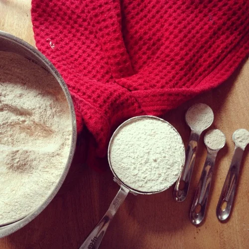 See: various flours and wheat germ. Stir & combine all ingredients, then plastic wrap it up tight. 
