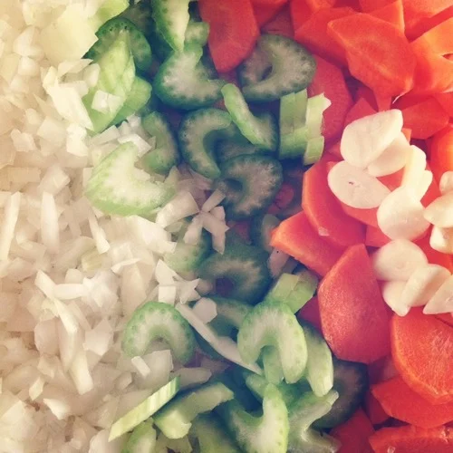Onion, celery, carrots, and garlic. CHOP.