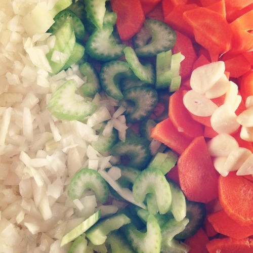  Onion, celery, carrots, and garlic. CHOP. 